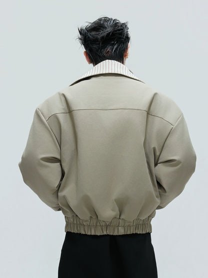 Washed Stripe Fake Layered Double Collar Puffer Jacket WN21725