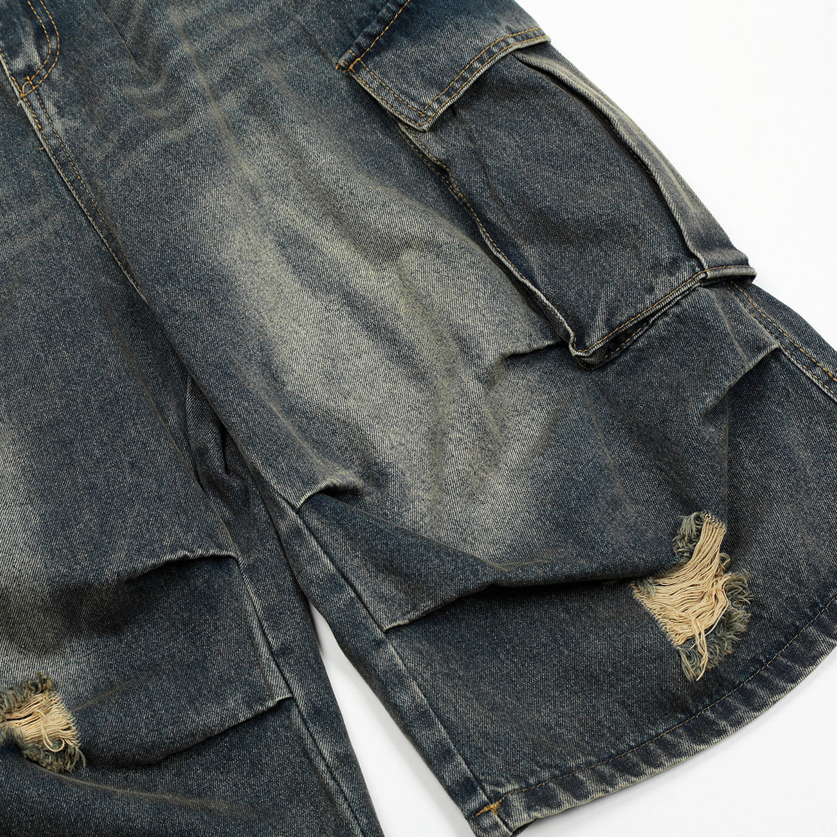 Washed Damage Cargo Pocket Denim Half Pants WN25699