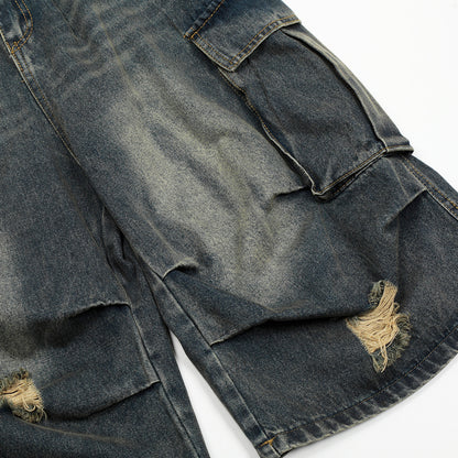 Washed Damage Cargo Pocket Denim Half Pants WN25699