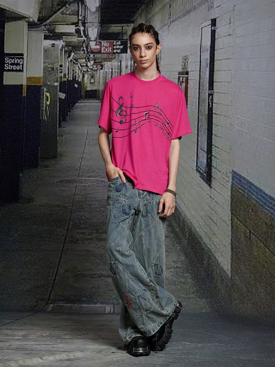 Rhinestone Music Note Print Short Sleeve T-Shirt WN17126