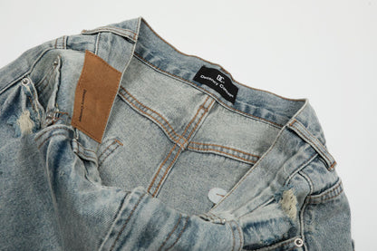 Wash Damage Wide Leg Curved Denim Jeans WN25878