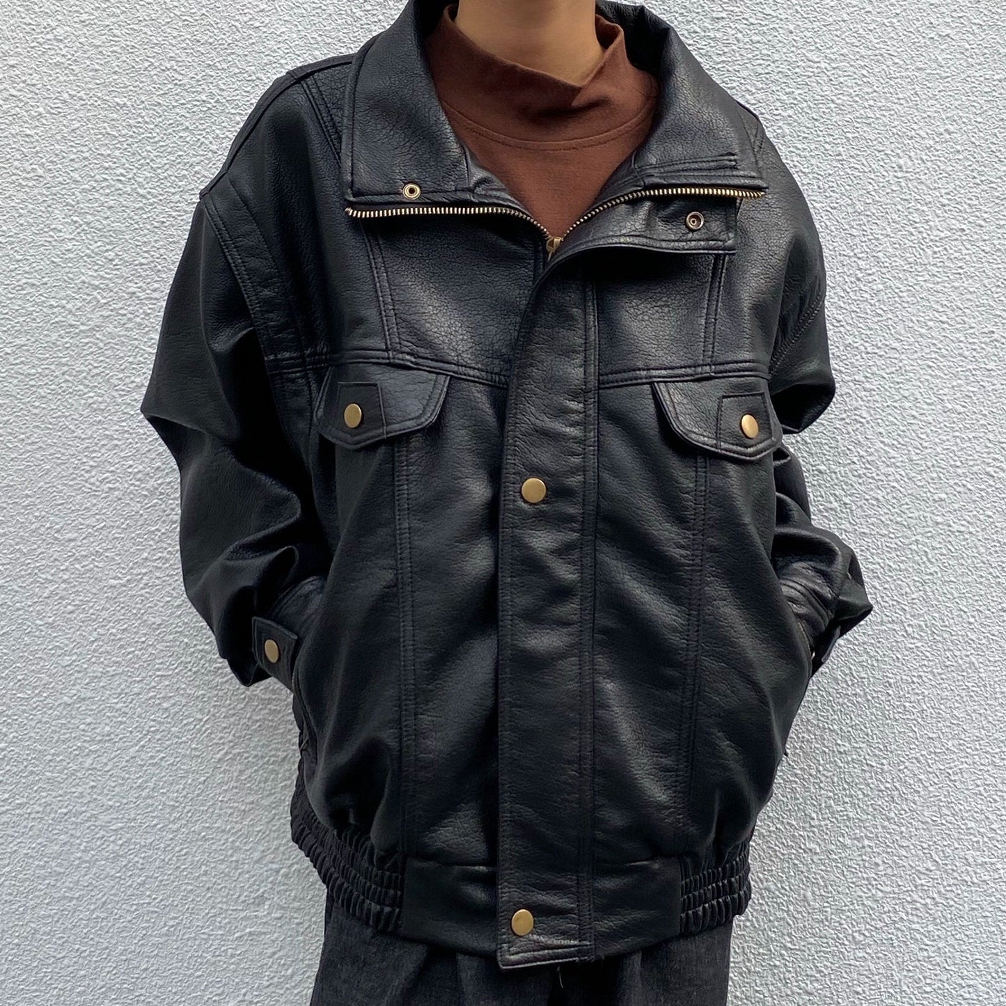 Lapel Oversize PU Leather Zipper Jacket WN19951