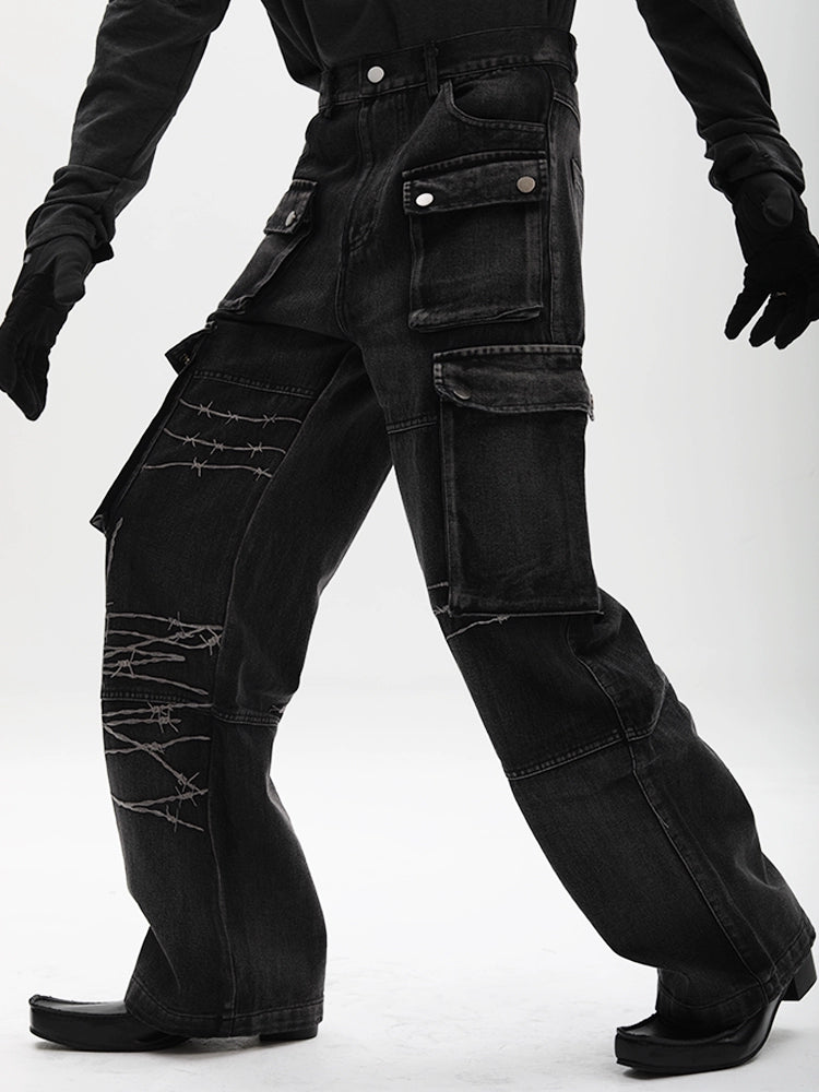 Multi-Pocket Embroidery Wide Leg Straight Cargo Denim Jeans WN18626