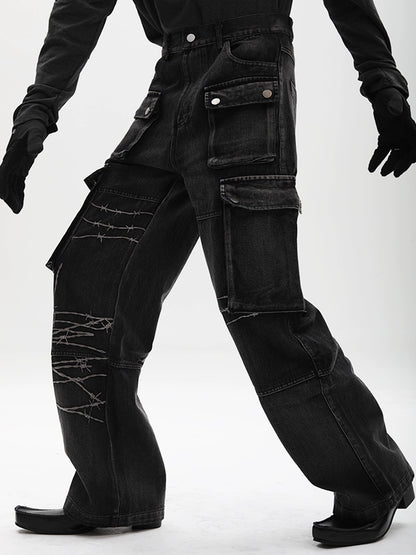 Multi-Pocket Embroidery Wide Leg Straight Cargo Denim Jeans WN18626