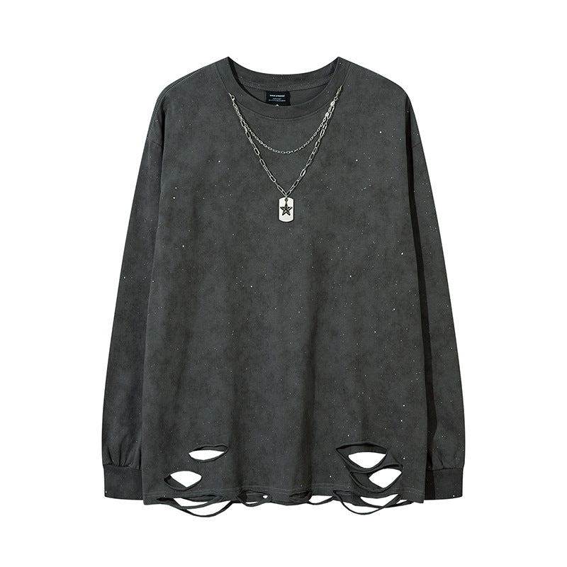 Starry Necklace Raw Hem Damage Long Sleeve T-Shirt WN11216