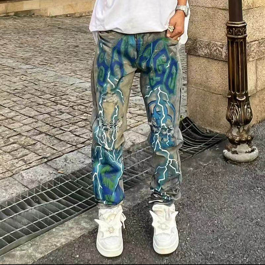 Lightning Print Damage Washed Wide Leg Denim Jeans WN24132