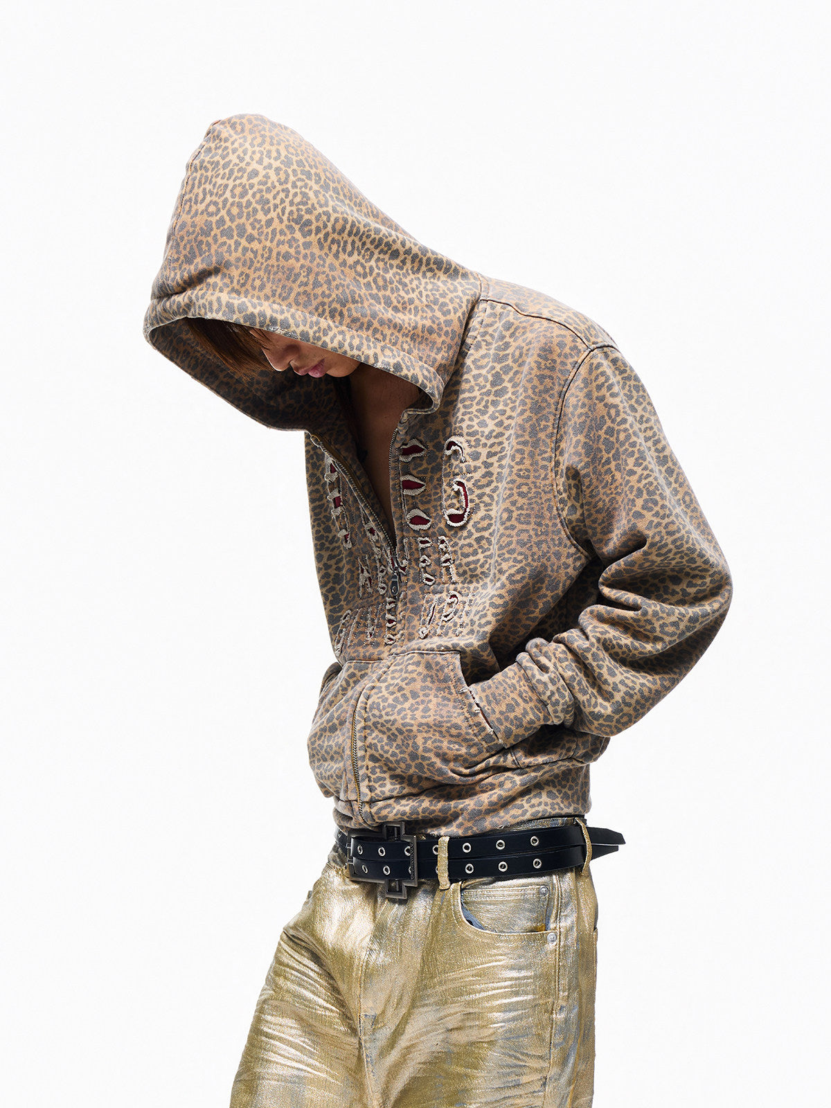 Leopard Damage Patch Double-Zipper Hoodie WN27371