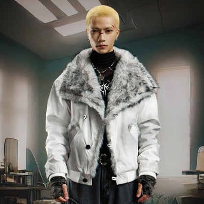 Damage Dye Fake Fur Lapel Puffer Jacket WN22764