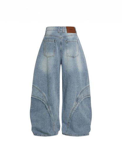 Deconstruction Curved Panel Wash Wide Leg Denim Jeans WN27930