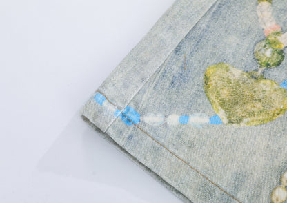 Pearl Chain Collage Print Denim Half Jeans WN25425