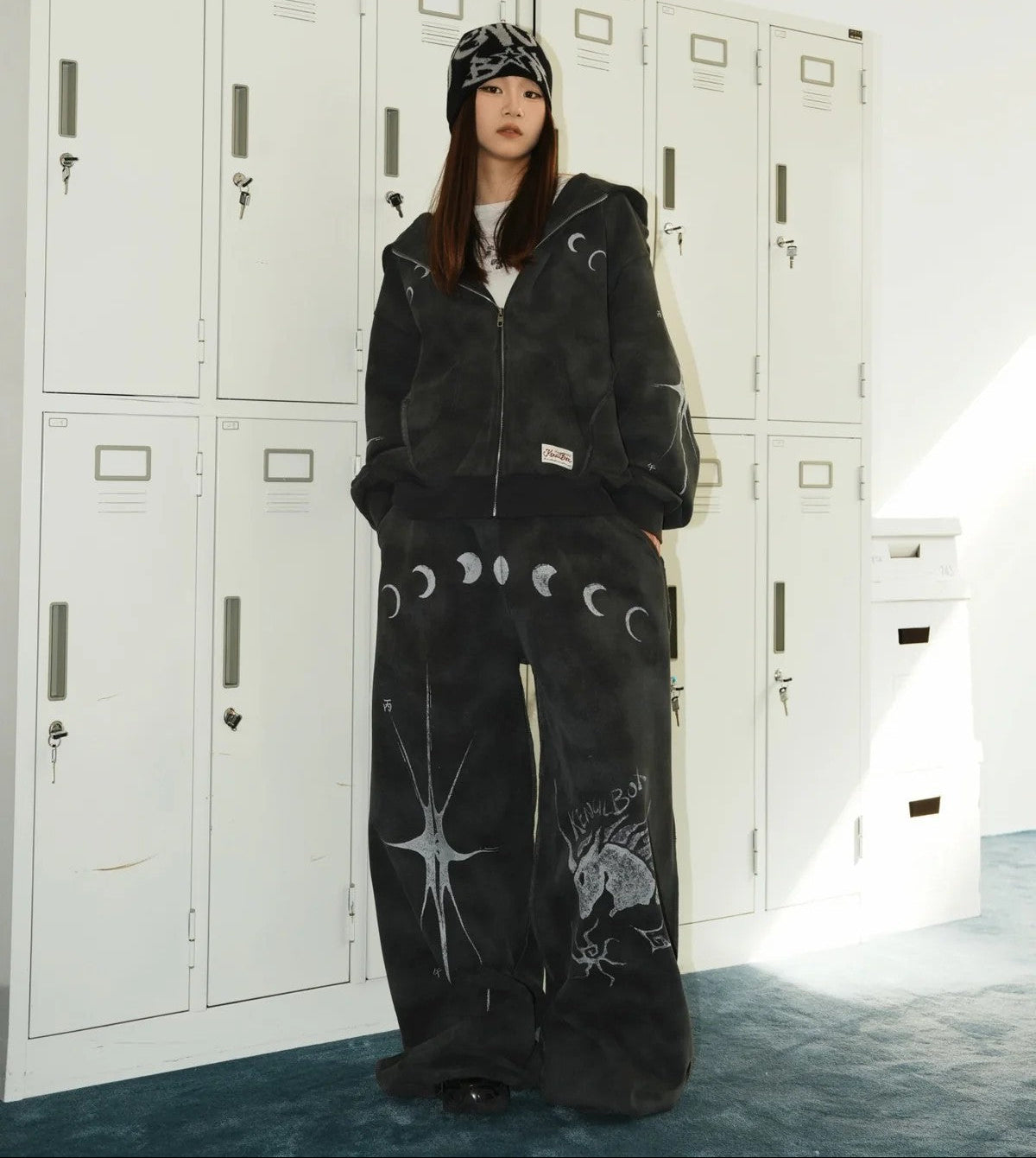 Moon Phase Starburst Oversize Zipper Hoodie & Wide Leg Sweatpants Setup WN27868