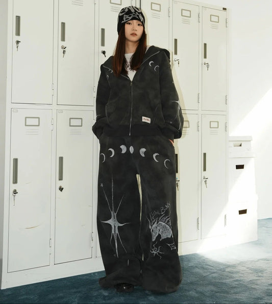 Moon Phase Starburst Oversize Zipper Hoodie & Wide Leg Sweatpants Setup WN27868