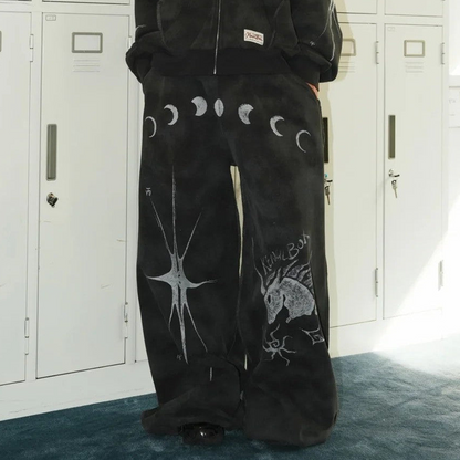 Moon Phase Starburst Oversize Zipper Hoodie & Wide Leg Sweatpants Setup WN27868