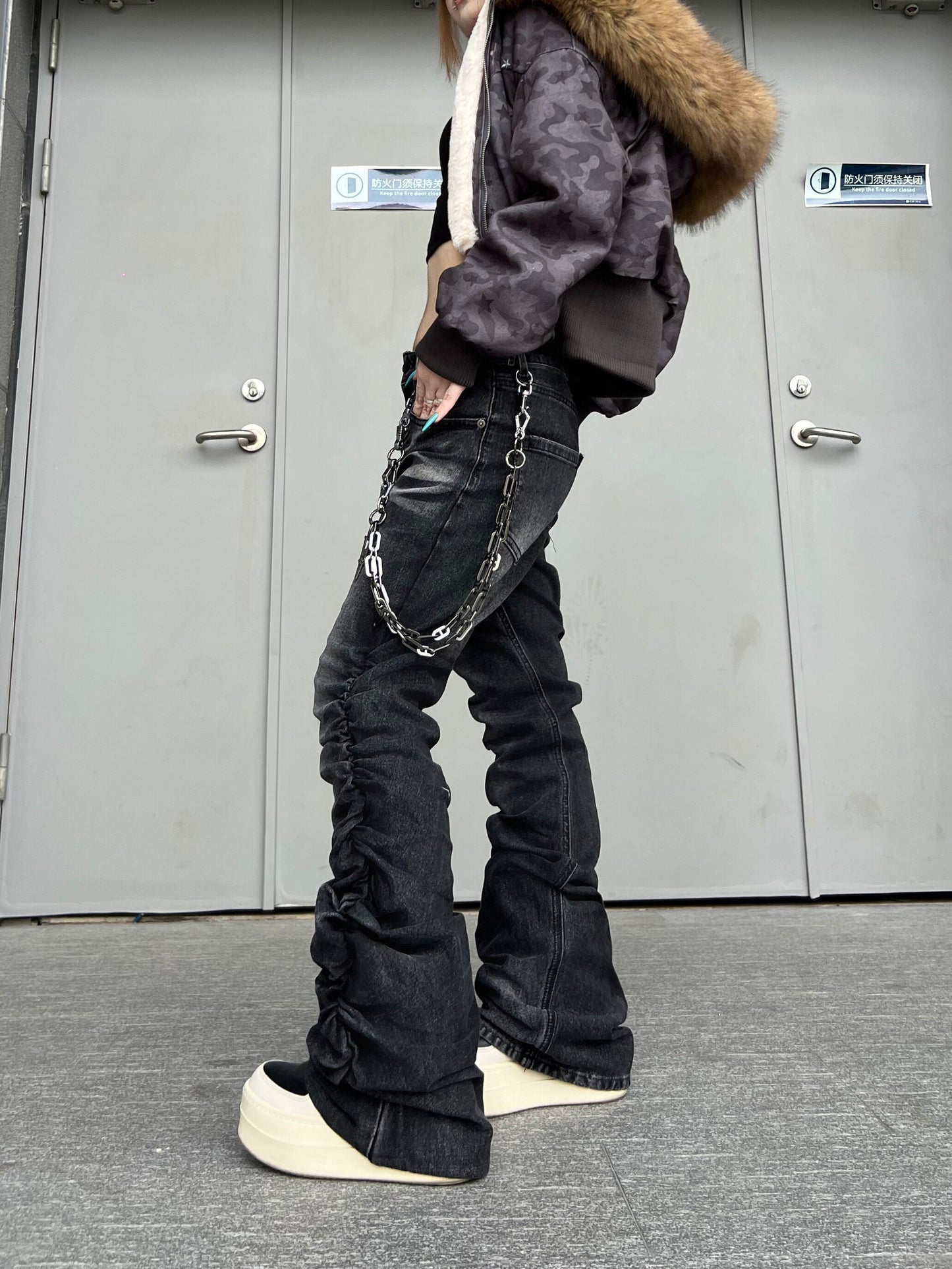 Washed Wrinkle Stacked Straight Denim Jeans WN24161