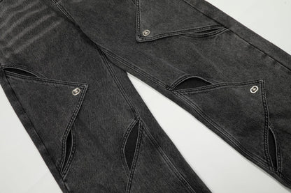 Washed Irregular Panel Wide Leg Denim Jeans WN25825