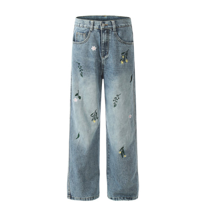 Floral Washed Wide-Leg Straight Denim Jeans WN11084