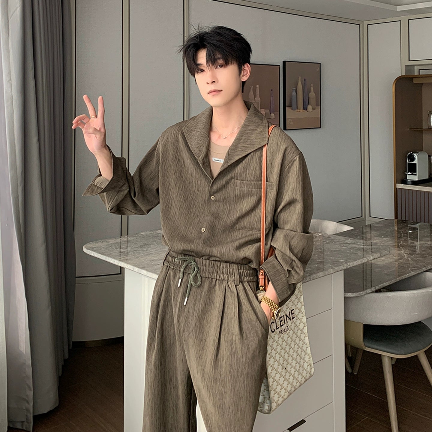 Oversize Long Sleeve Shirt & Drawstring Pants Setup WN20491