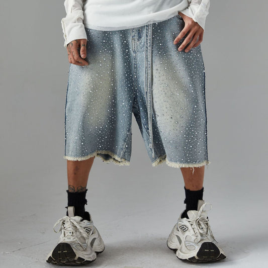 Fringe Rhinestone Wide Leg Half Denim Pants WN25612