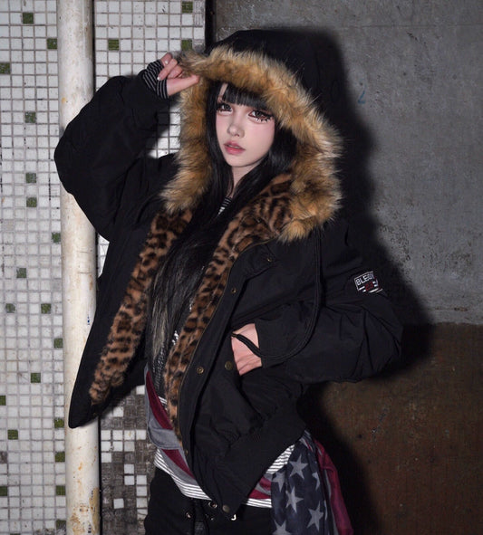 Leopard Hooded Fake Fur-Collar Patch Padded Jacket WN22197