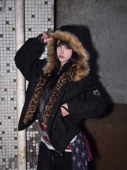 Leopard Hooded Fake Fur-Collar Patch Padded Jacket WN22197