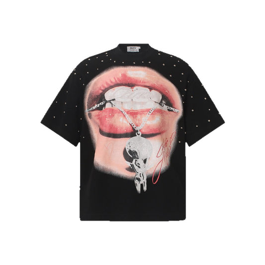 Studs Lip Skull Graphic Short Sleeve T-Shirt WN26419