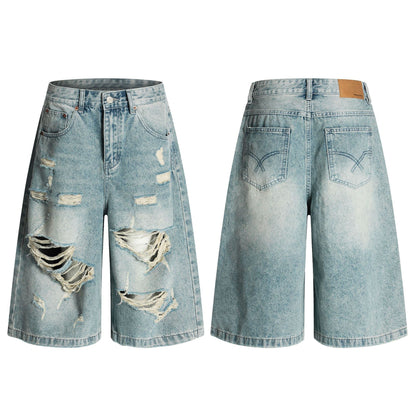 Cropped Damage Washed Half Denim Jeans WN26786
