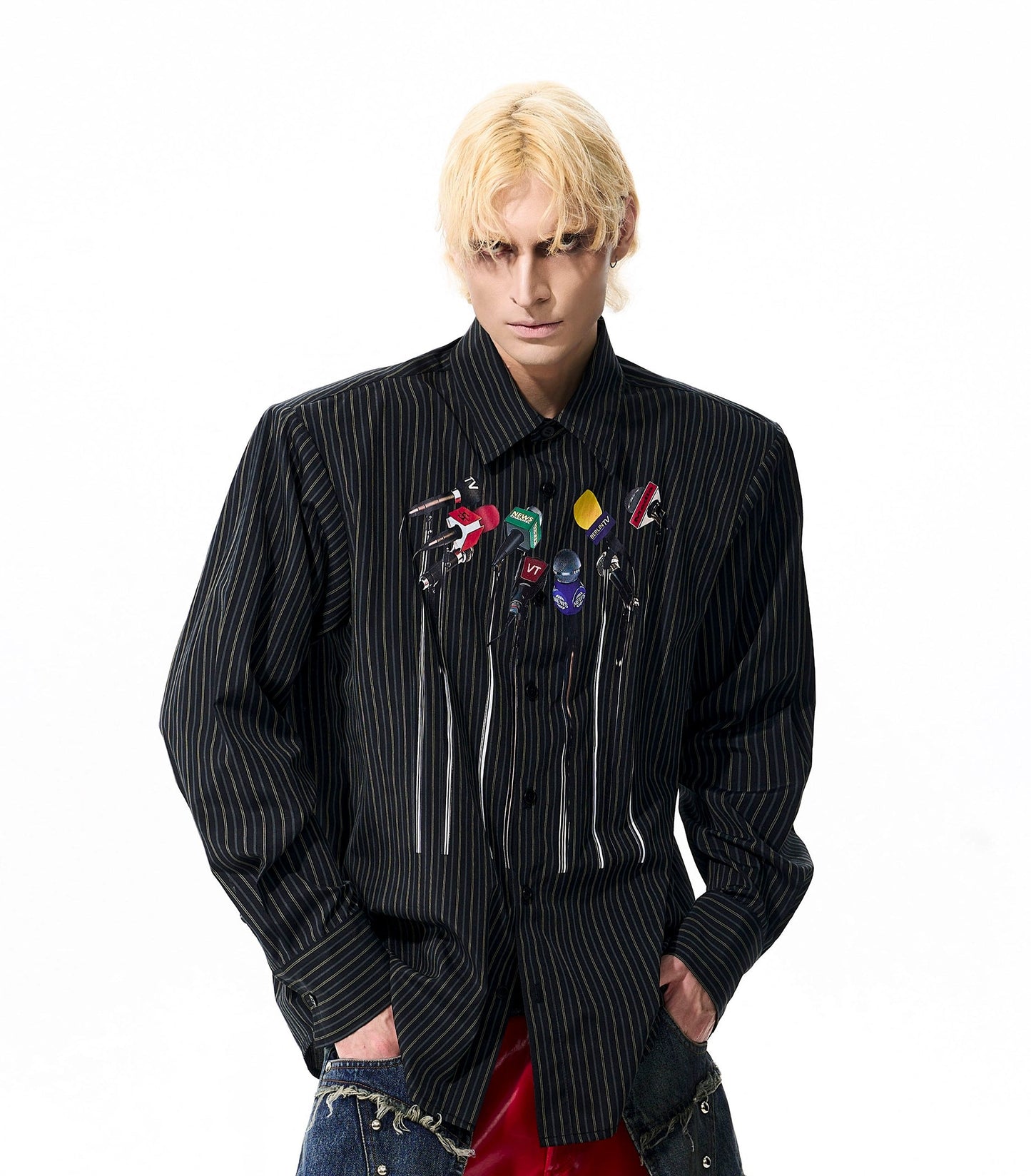 Striped Art Print Shoulder-Pad Long Sleeve Shirt WN21774