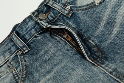 Washed Whisker Damage Curved Denim Jeans WN25863
