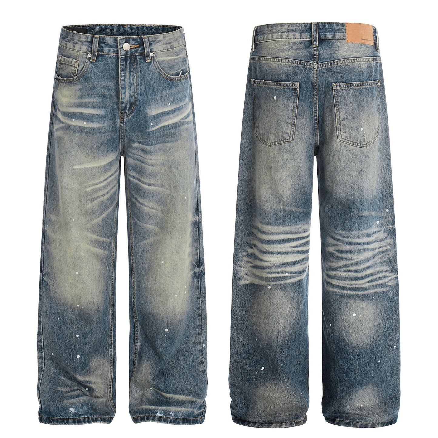 Washed Whisker Paint Splatter Straight Denim Jeans WN26147