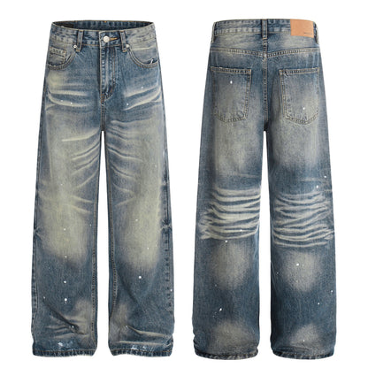 Washed Whisker Paint Splatter Straight Denim Jeans WN26147