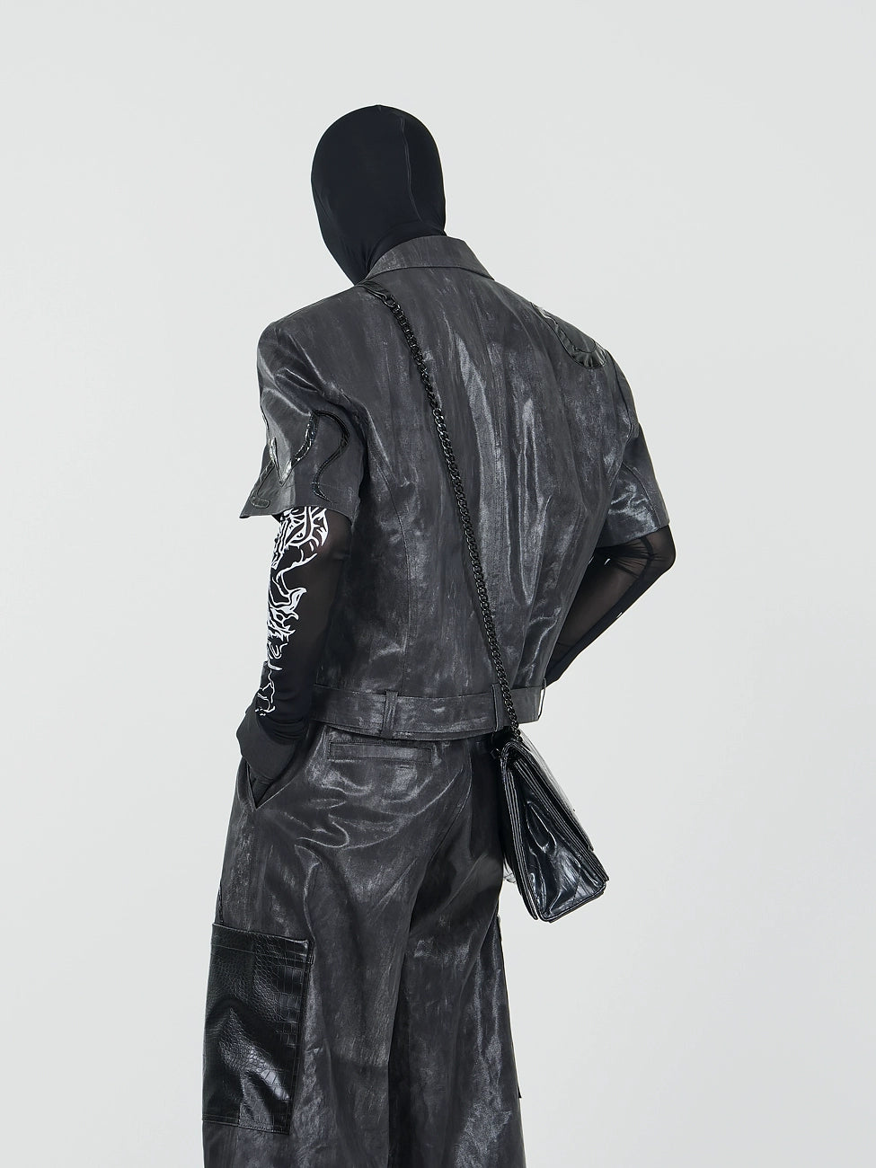 PU Leather Short Sleeve Jacket & PU Leather Wide Leg Pants & Graphic Design Mesh Long Sleeve T-Shirt Setup WN17339