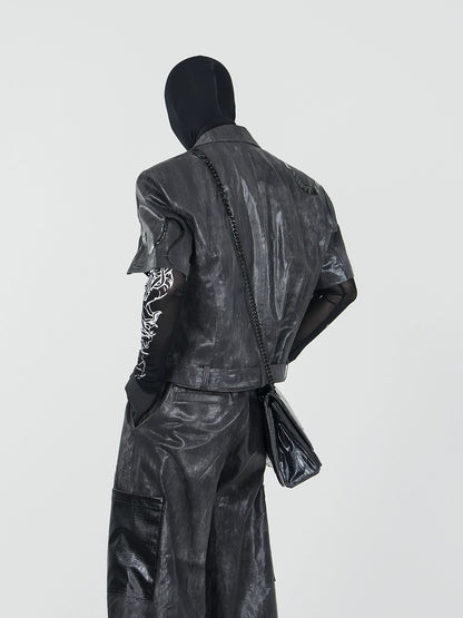 PU Leather Short Sleeve Jacket & PU Leather Wide Leg Pants & Graphic Design Mesh Long Sleeve T-Shirt Setup WN17339