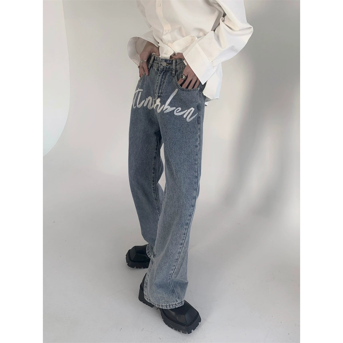 Letter Graffiti Straight Tube Micro Flare Denim Jeans WN9123