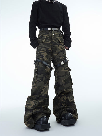 Washed Belt Design Camouflage Flare Cargo Pants WN10871