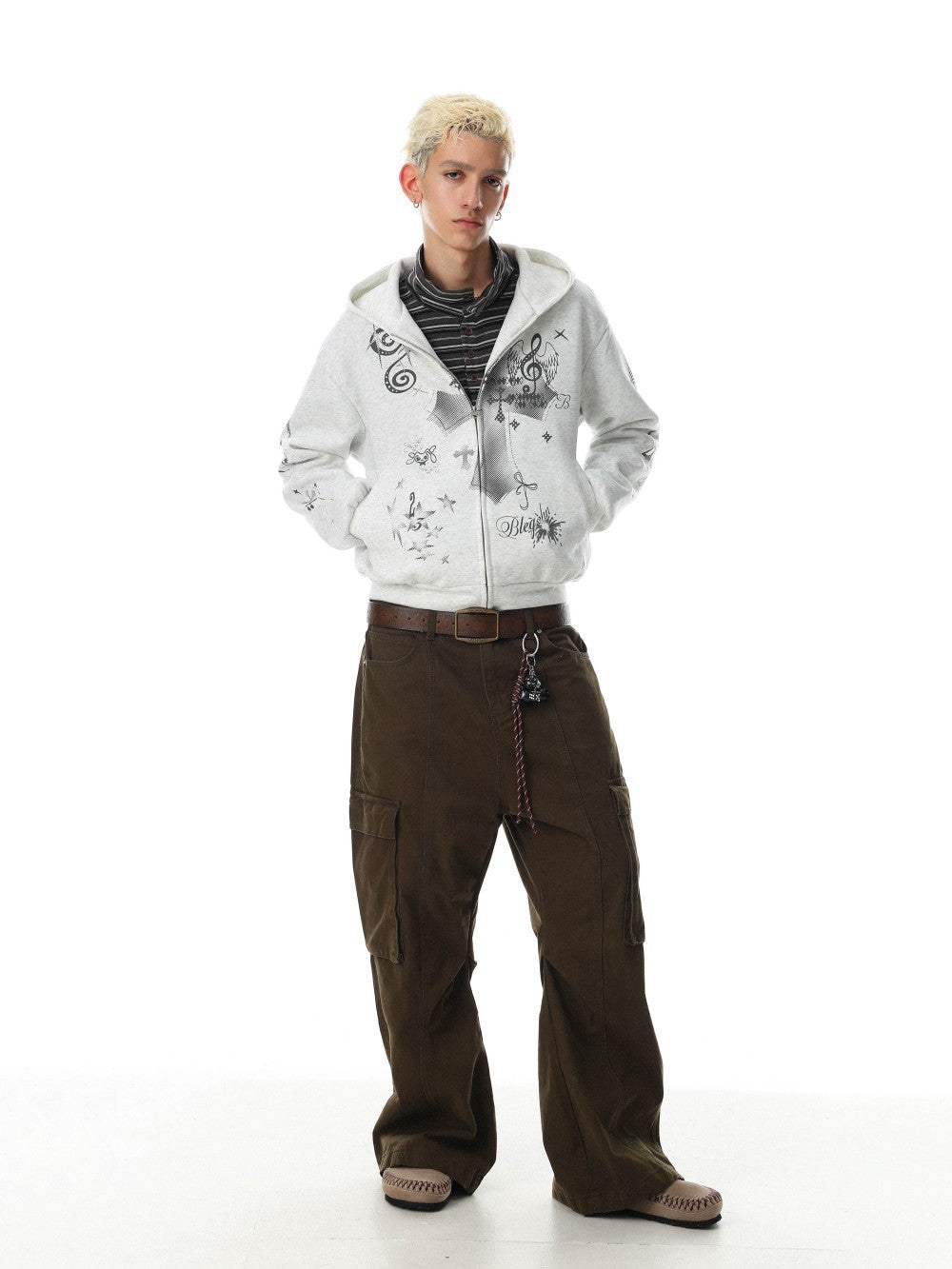 Cross Music-Note Print Drop-Shoulder Oversize Zipper Hoodie WN27937