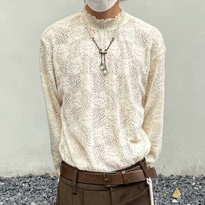 Brushed Lace Hollow High-Neck Long Sleeve T-Shirt WN20012