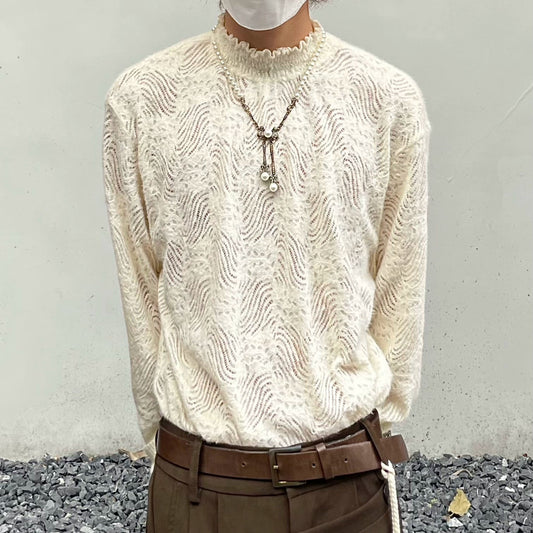 Brushed Lace Hollow High-Neck Long Sleeve T-Shirt WN20012