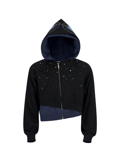 Fake Layered Art Print Rhinestone Zipper Hoodie WN21779