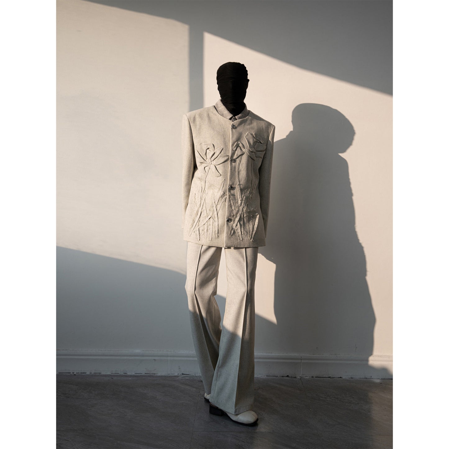 3D Floral Applique Collarless Jacket & Wide-Leg Trousers Setup WN23642