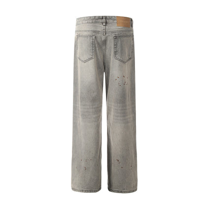 Washed Damage Straight Wide Leg Denim Jeans WN25672