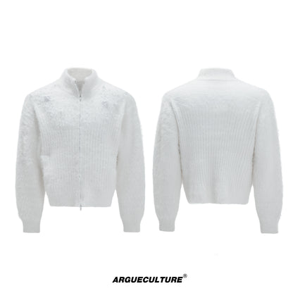 Pearl Embellished High-Neck Furry Knit Zipper Cardigan WN21720