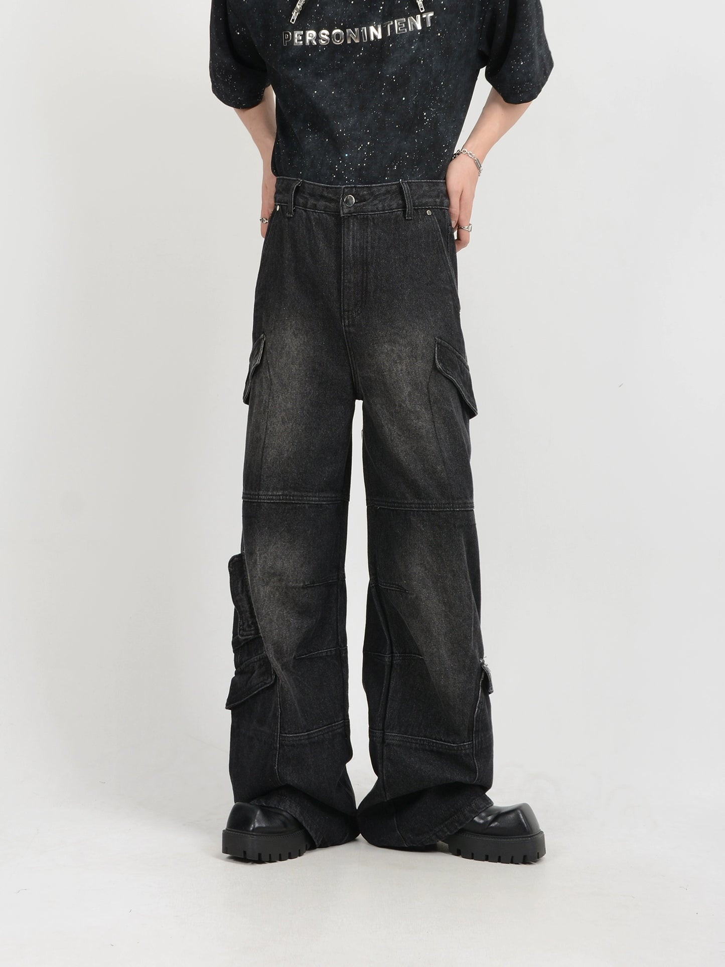 Washed Multi-Pocket Wide-Leg Straight Cargo Denim Jeans WN7141