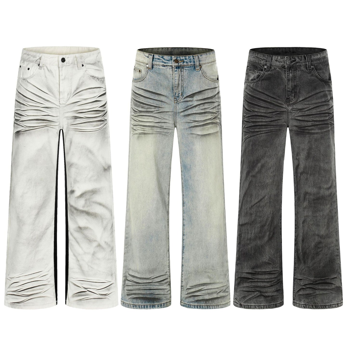 Washed Whisker Straight Denim Jeans WN25909