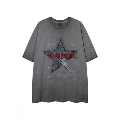 Star Patch Embroidery Wash Unisex Short Sleeve T-Shirt WN5384