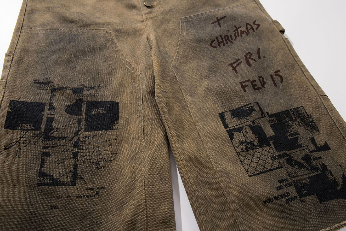 Washed Portrait Letter Print Denim Half Jeans WN25423