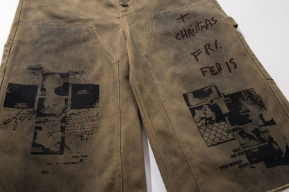 Washed Portrait Letter Print Denim Half Jeans WN25423