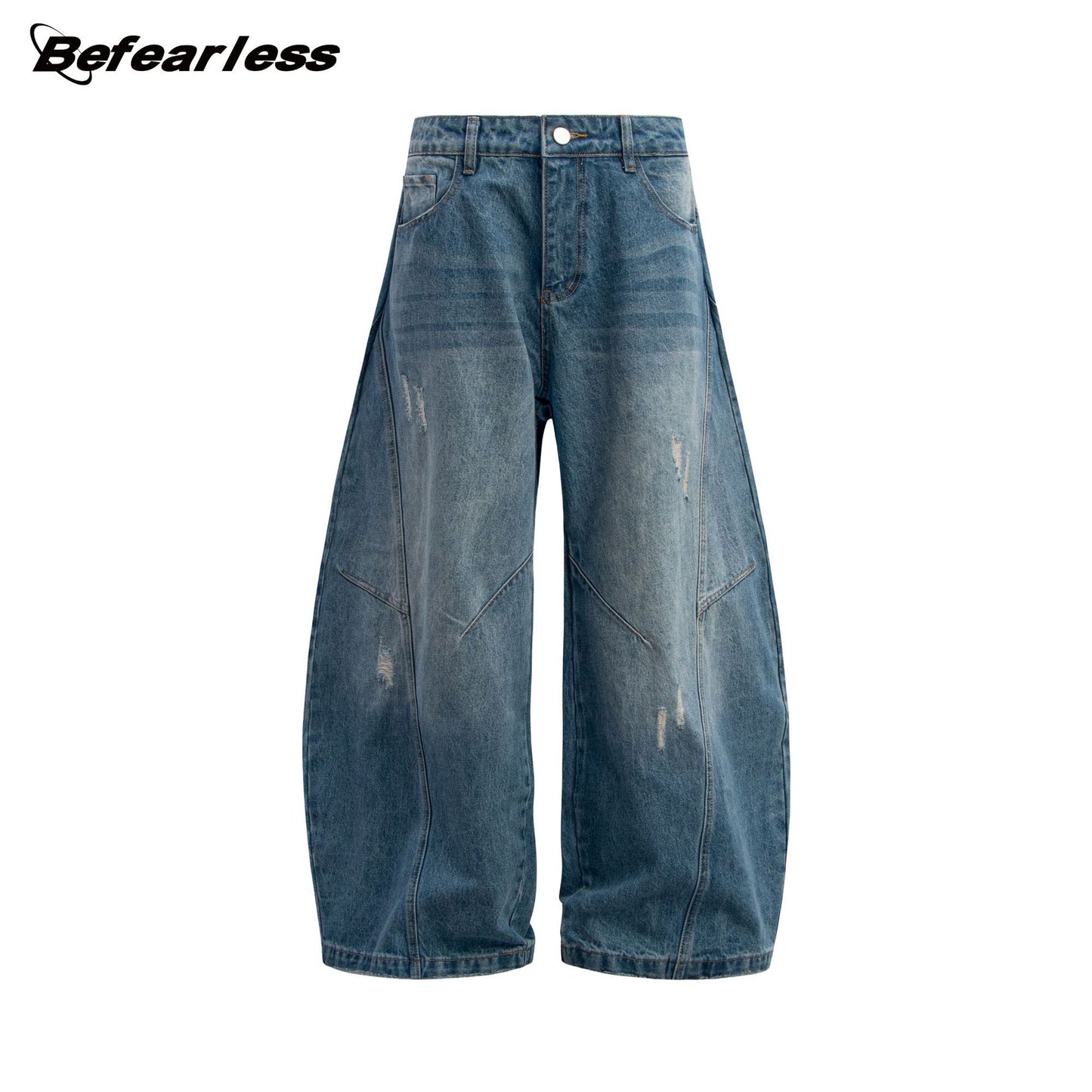 Washed Damage Panel Wide Leg Denim Jeans WN26193