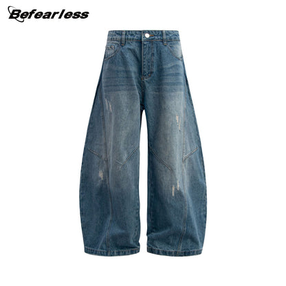 Washed Damage Panel Wide Leg Denim Jeans WN26193