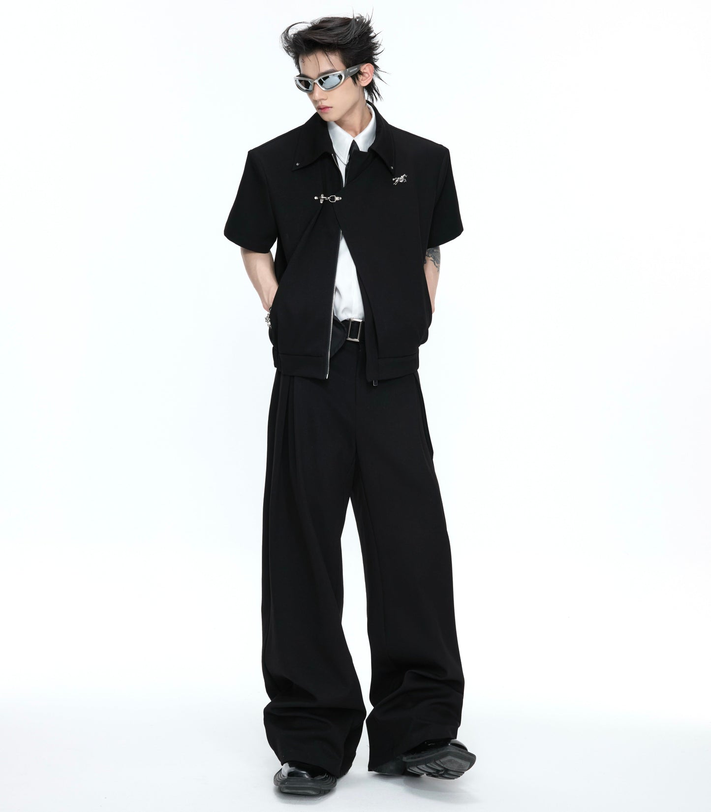Asymmetric Fake Layered Shoulder Pad Short Jacket & Wide Leg Pants Setup WN26975