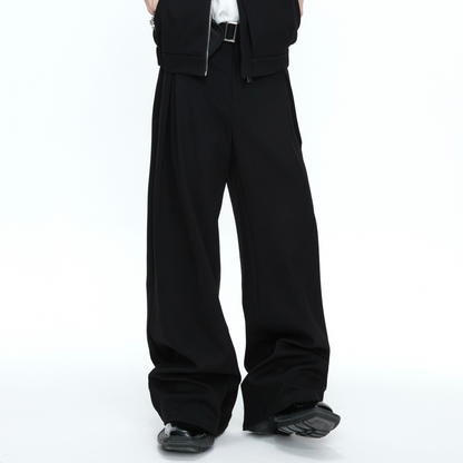Asymmetric Fake Layered Shoulder Pad Short Jacket & Wide Leg Pants Setup WN26975